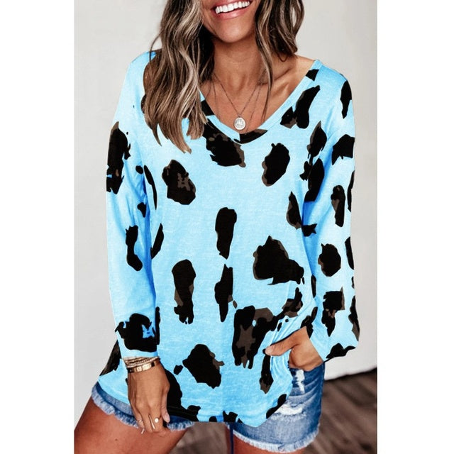 Leopard Print Loose Casual V-Neck T-Shirts for Women