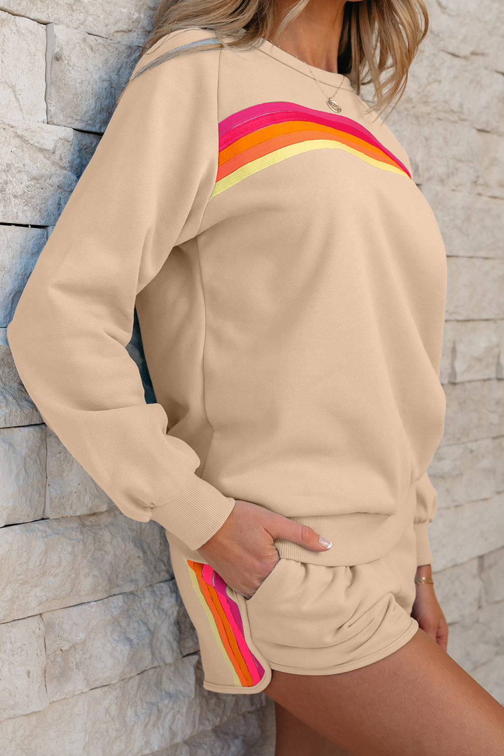 Apricot Striped Accent Pullover and Shorts Two Piece Casual Set