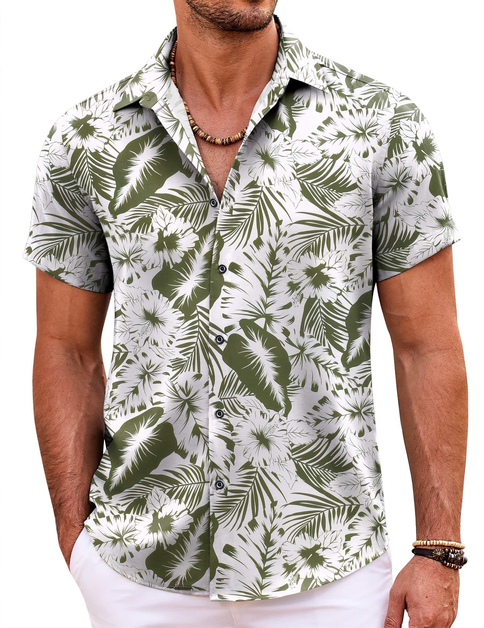 COOFANDY Mens Hawaiian Shirt Short Sleeve Button Down Shirts Tropical Summer Beach Shirts Casual Floral Aloha Shirts Green-Tropical Floral