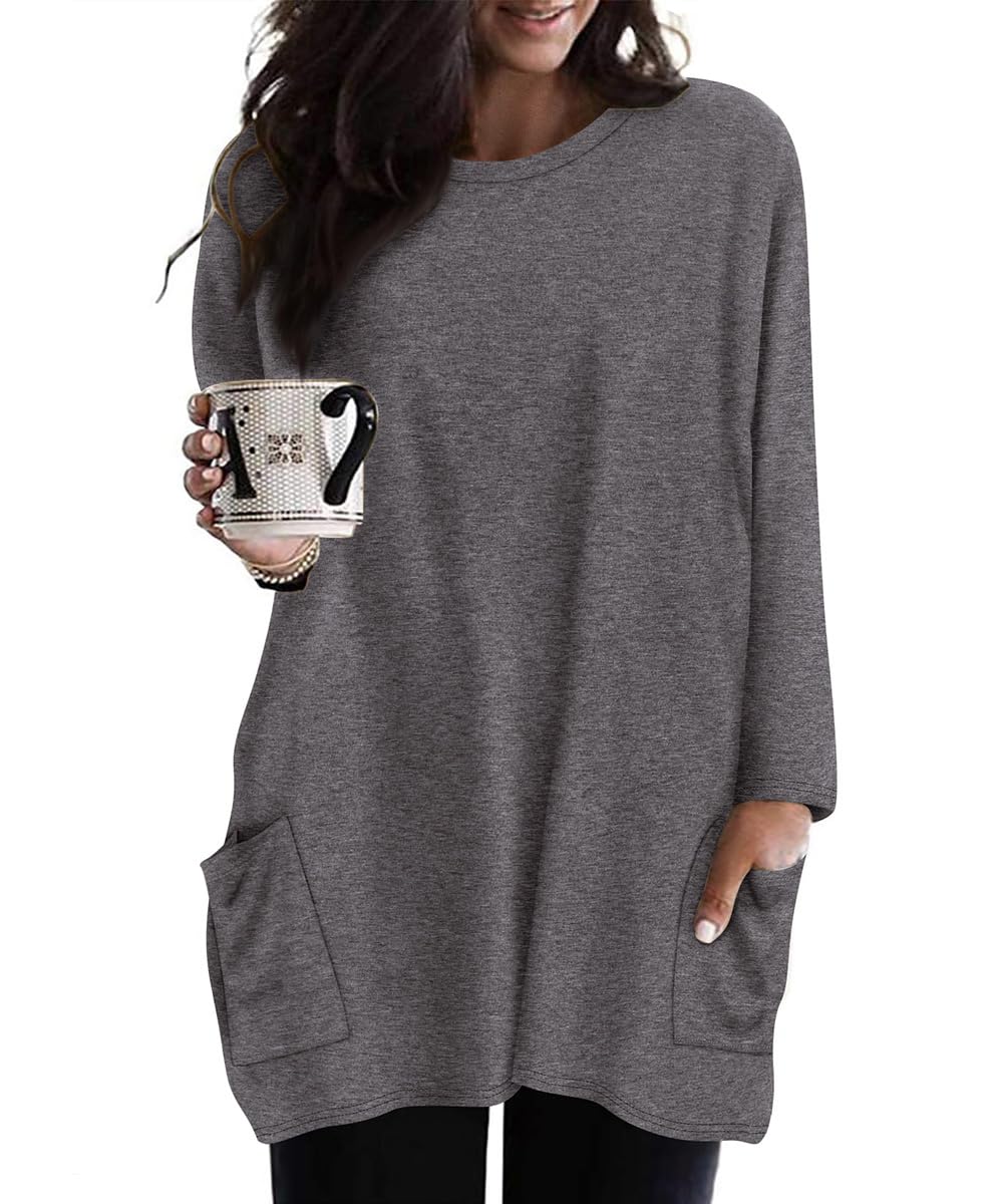 TIYOMI Womens Plus Size Dark Grey Tops 3X Fall Long Sleeve Tunic Tops Crewneck T-Shirts Pocket Sweatshirts Solid Casual Long Shirts Loose Fit Spring Winter Tee with Pockets 3XL 22W 24W
