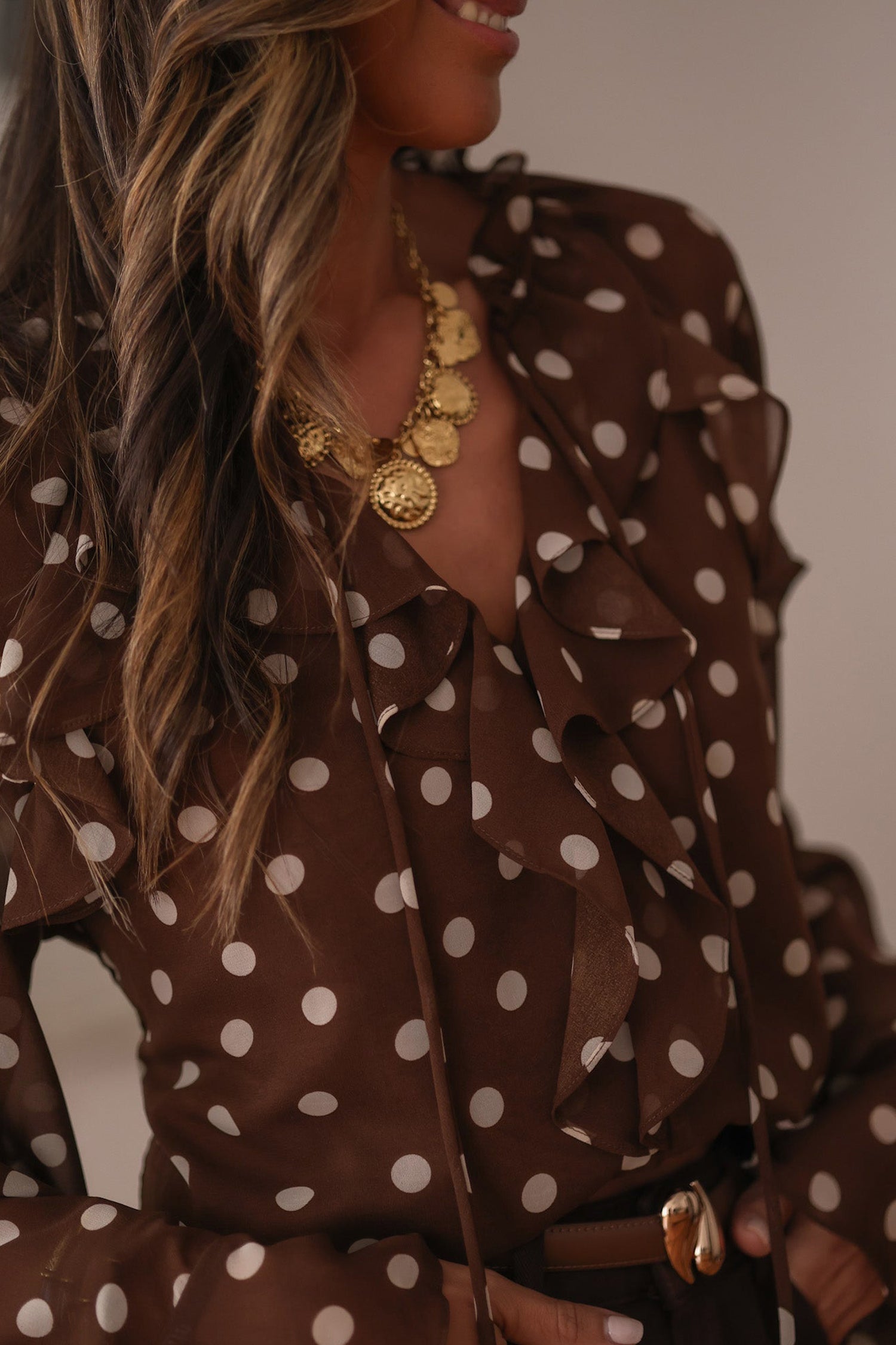 Coffee Polka Dot Print Ruffle Trim V Neck Long Bell Sleeve Blouse