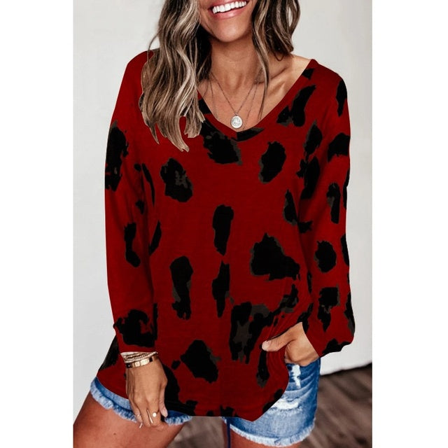 Leopard Print Loose Casual V-Neck T-Shirts for Women