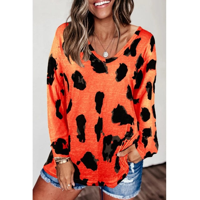 Leopard Print Loose Casual V-Neck T-Shirts for Women