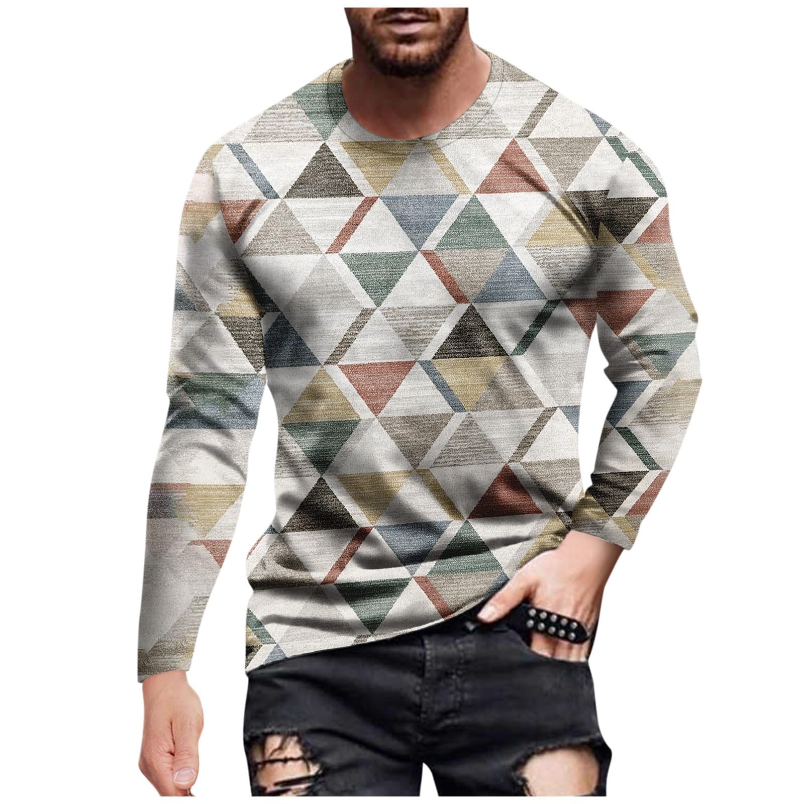 Mens Casual Loose Fit T-Shirt Graphic Abstract Long Sleeve