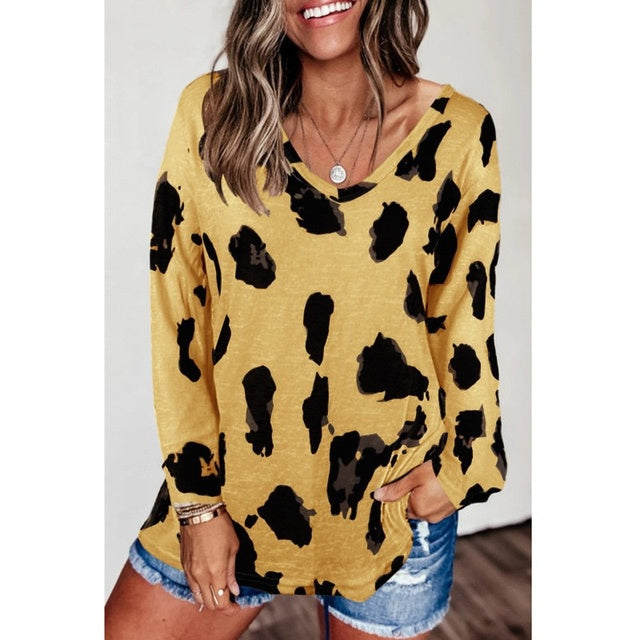 Leopard Print Loose Casual V-Neck T-Shirts for Women