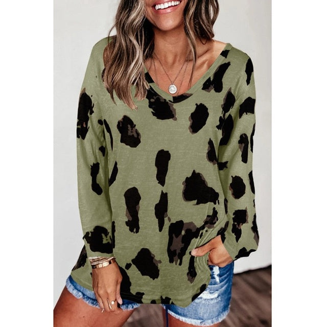 Leopard Print Loose Casual V-Neck T-Shirts for Women