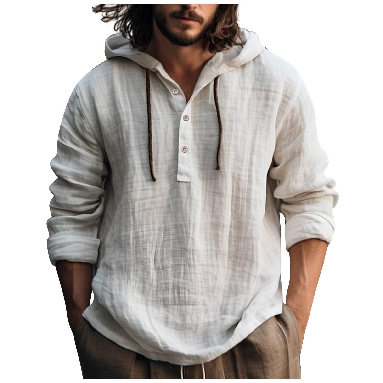 Linen Shirt Men Button Down Long Sleeve Tops with Hood Relaxed Fit Lightweight Cotton Big and Tall Shirts Beach Boho Shirts Preppy Linen Hoodie Men Breathable Mens Polo Shirts 2025 Trendy Summer Tops
