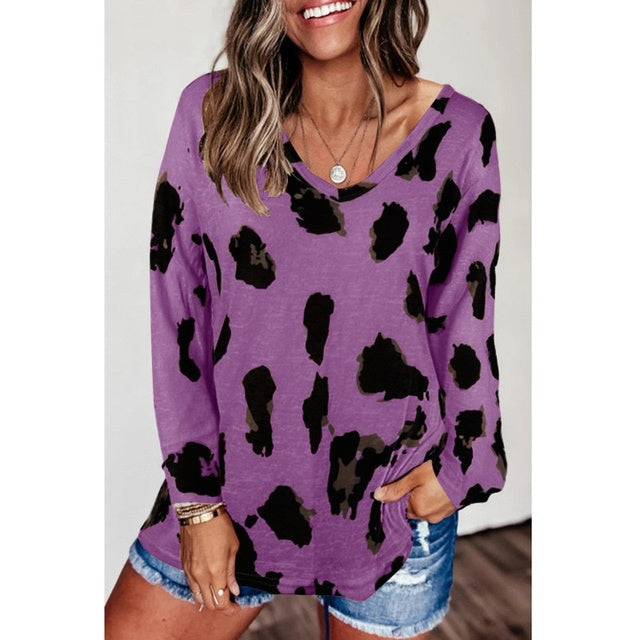 Leopard Print Loose Casual V-Neck T-Shirts for Women
