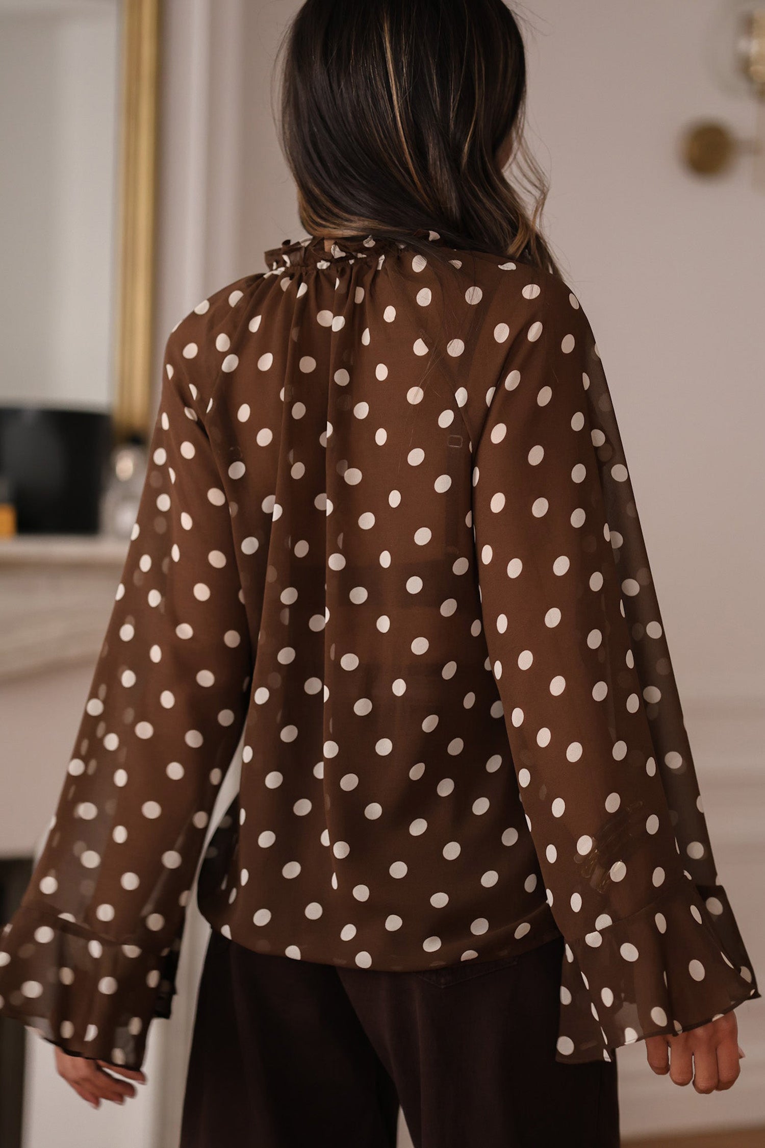 Coffee Polka Dot Print Ruffle Trim V Neck Long Bell Sleeve Blouse