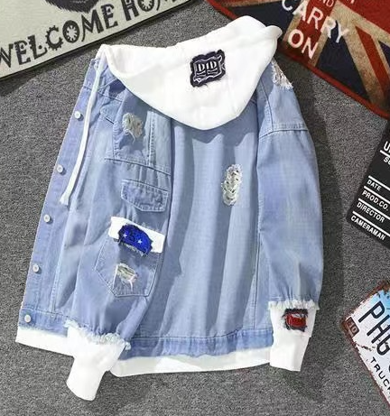 Distressed Denim Hooded Jacket for Men