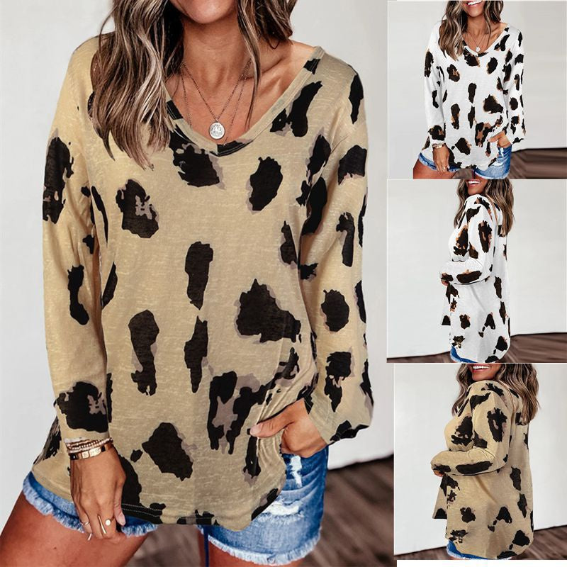 Leopard Print Loose Casual V-Neck T-Shirts for Women