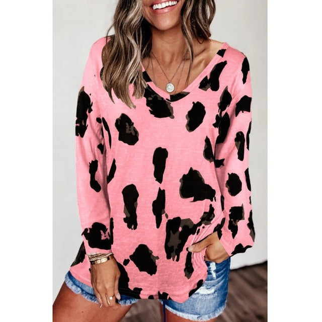 Leopard Print Loose Casual V-Neck T-Shirts for Women